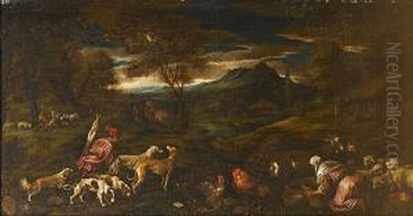 An Extensive River Landscape 
With A Huntsman And His Dogs, A Washerwoman With Chickens, Sheep And 
Goats Nearby Oil Painting by Jacopo Bassano (Jacopo da Ponte)