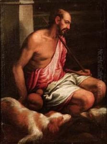 Pastore Accovacciato Con Due Cani Oil Painting by Jacopo Bassano (Jacopo da Ponte)