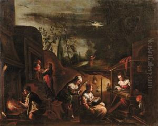 Notturno Con Donne Che Lavorano La Lana E Estasi Di S. Francesco Sullo Sfondo Oil Painting by Jacopo Bassano (Jacopo da Ponte)