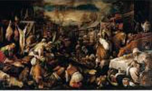 A Busy Market Scene With Meat And Vegetable Sellers, And A Beggar In The Foreground Oil Painting by Jacopo Bassano (Jacopo da Ponte)