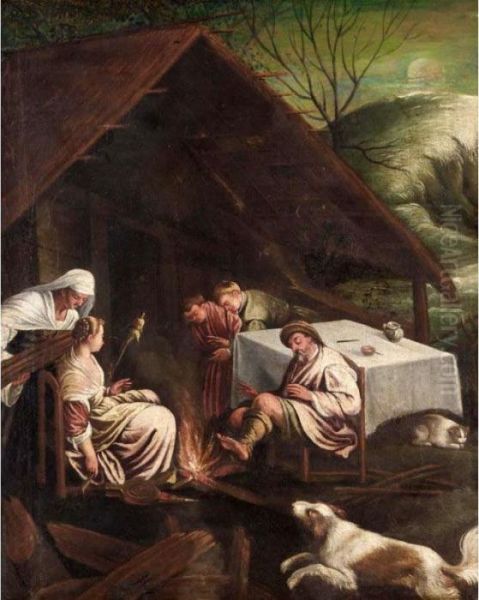 Figures Seated Beside A Fire Outside A Cottage Oil Painting by Jacopo Bassano (Jacopo da Ponte)