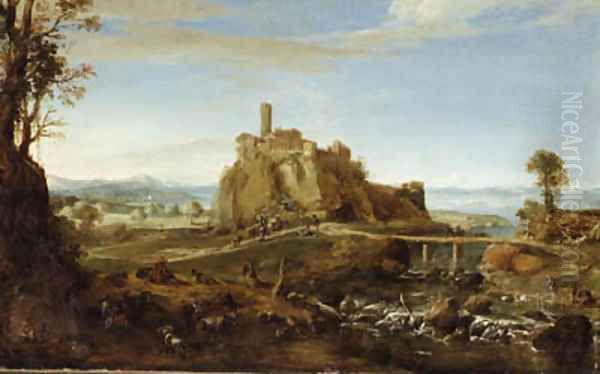 An Italianate Landscape with the town of Acquapendente, near Rome, and Shepherds and Washerwomen by the Banks of a River Oil Painting by Bartholomeus Breenbergh