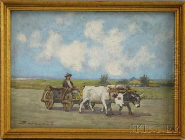 Oxen Cart Oil Painting by Ludovic Bassarab