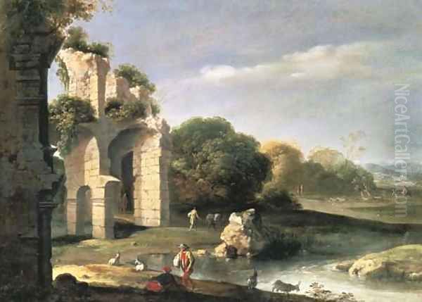 Figures in a landscape with classical ruins Oil Painting by Bartholomeus Breenbergh