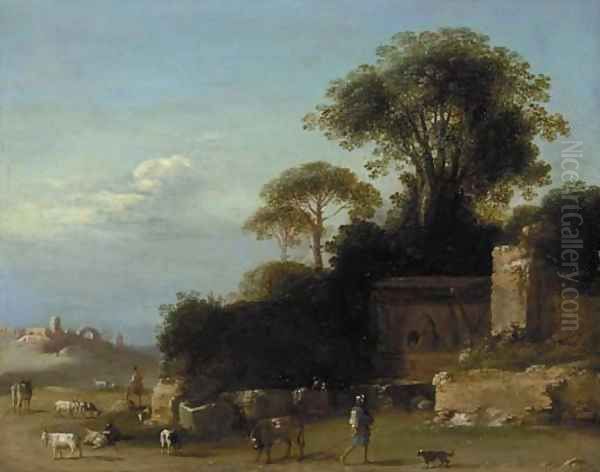 An Italianate landscape with goatherds amongst ruins Oil Painting by Bartholomeus Breenbergh