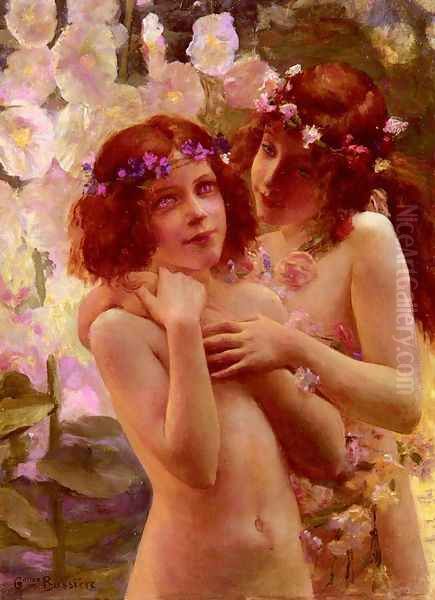 Deux Enfants Aux Couronnes De Fleurs (Two Children with Crowns of Flowers) Oil Painting by Gaston Bussiere