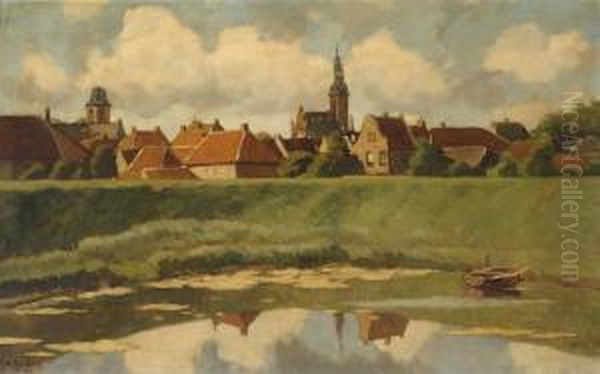 Village Behind Adyke Oil Painting by Nicolaas Bastert