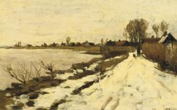 Winter: Walking Along The River Vecht On A Snow Covered Path Oil Painting by Nicolaas Bastert