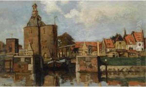 A View Of The Drommedaris, Enkhuizen Oil Painting by Nicolaas Bastert