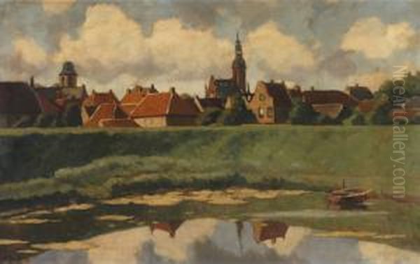 Village Behind A Dike Oil Painting by Nicolaas Bastert