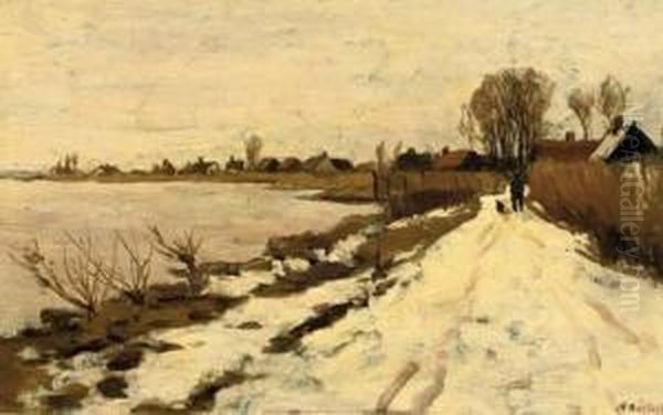 Winter: Walking Along The River Vecht On A Snow-covered Path Oil Painting by Nicolaas Bastert