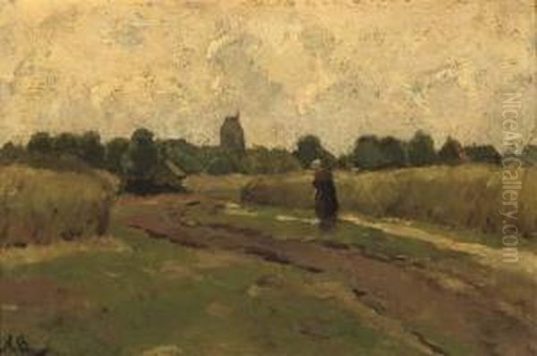 Landschap Bij Hellendoorn: A Stroll In The Fields Oil Painting by Nicolaas Bastert