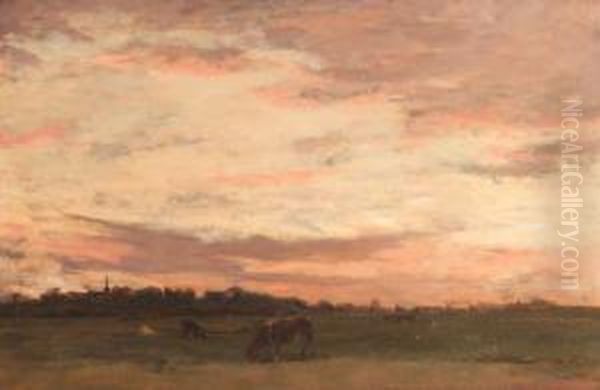 Polder Landscape At Dusk Oil Painting by Nicolaas Bastert