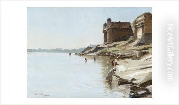 Les Bords Du Gange A Benares Oil Painting by Jean, Dit Tancrede Bastet