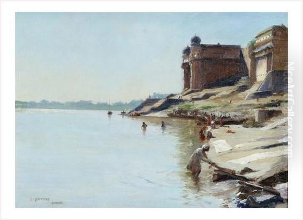 Benares Animation Au Bord Du Gange Oil Painting by Jean, Dit Tancrede Bastet