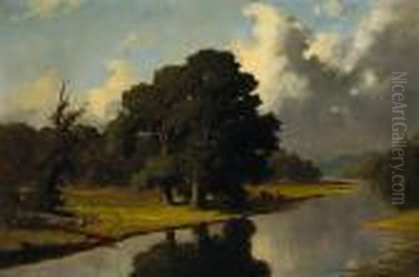 A River Landscape With Cattle Resting Under A Tree Oil Painting by Frederick Stone Batcheller