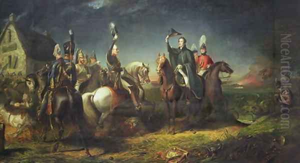 The Meeting of the Duke of Wellington and Field Marshal Blucher on the Evening of the Victory of Waterloo at La Belle Alliance Oil Painting by Thomas Jones Barker