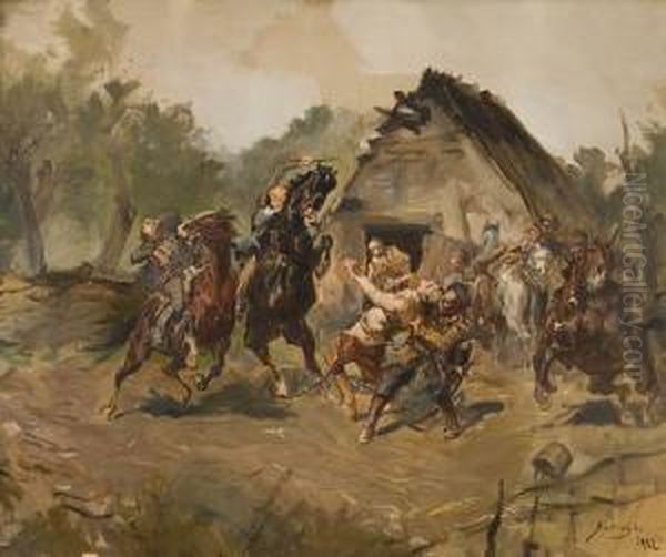 Napasc Radziwilla Na Kmicica Oil Painting by Stanislaw Batowski-Kaczor