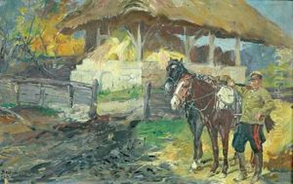 Zolnierz Z Konmi Oil Painting by Stanislaw Batowski-Kaczor