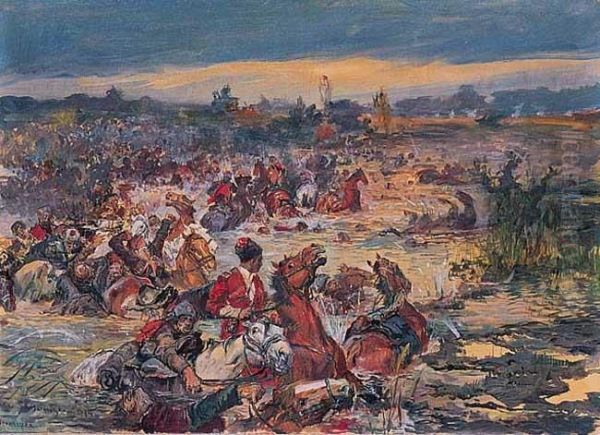 Przeprawa Kozakow Przez Rzeke Oil Painting by Stanislaw Batowski-Kaczor