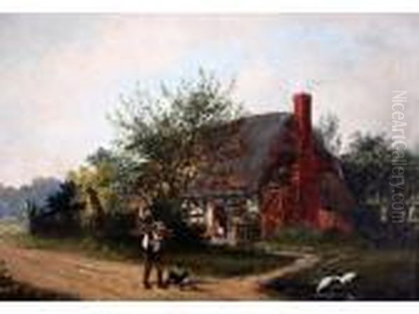 Man And Dog By A Thatched Cottage Oil Painting by Arthur Batt