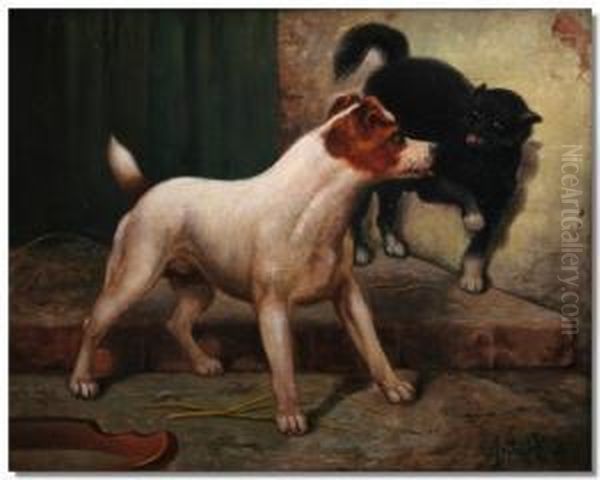 Study Of A Terrier Teasing A Cat Oil Painting by Arthur Batt