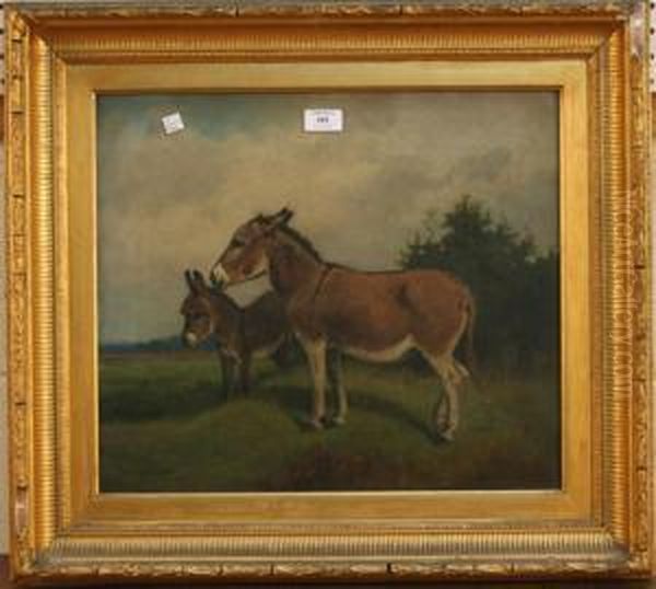 Landscape With Two Donkeys Standing In Profile Oil Painting by Arthur Batt