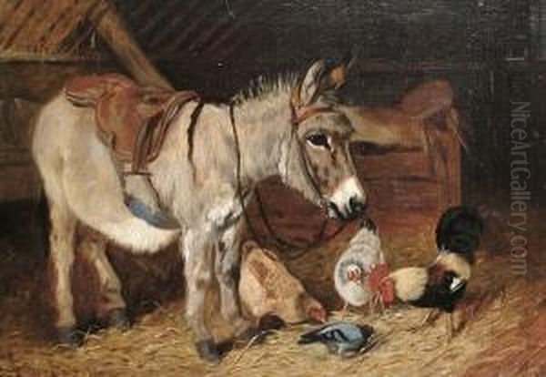 Donkeys And Chickens In A Barn, A Pair Oil Painting by Arthur Batt