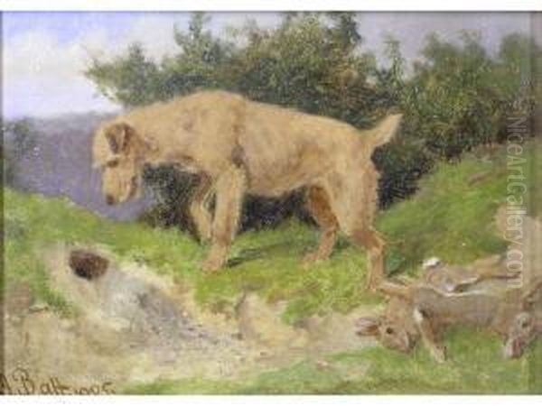 Terrier At Rabbit Hole,its Kill Alongside Oil Painting by Arthur Batt