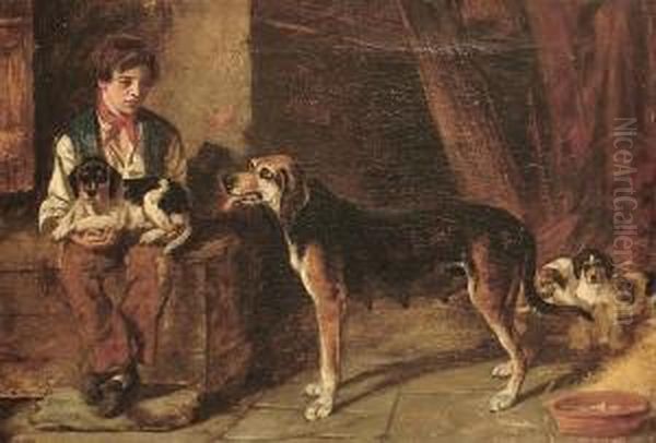 A Boy In A Barn Interior With A Hound And Her Pups Oil Painting by Arthur Batt