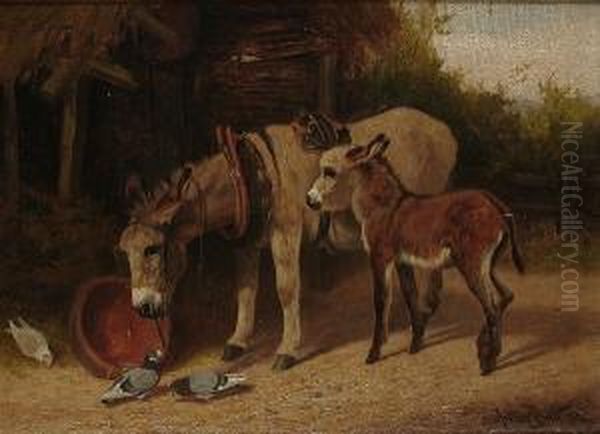 Donkeys In A Farmyard Oil Painting by Arthur Batt