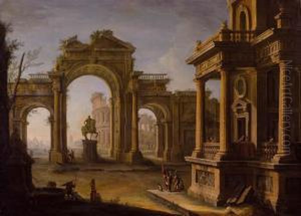 Prospettiva Architettonica Con Statuadi Marc'aurelio E Colosseo Oil Painting by Francesco Battaglioli