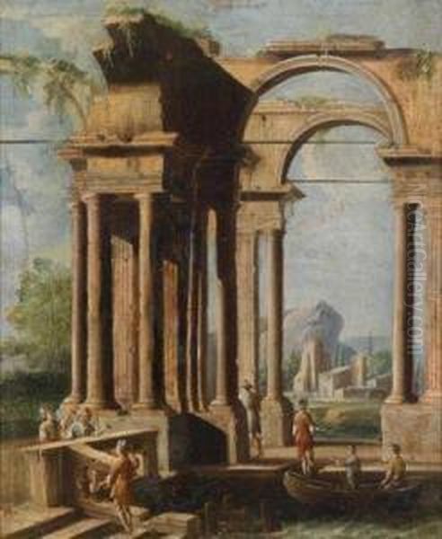 Umkreisruinencapriccio Mit Figurlicher Staffage Oil Painting by Francesco Battaglioli