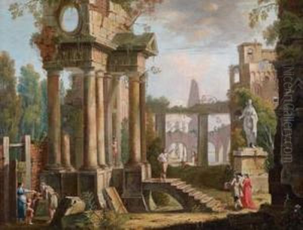 Battaglioli Zugeschrieben Ruinencapriccio Mit Figurlicher Staffage Oil Painting by Francesco Battaglioli