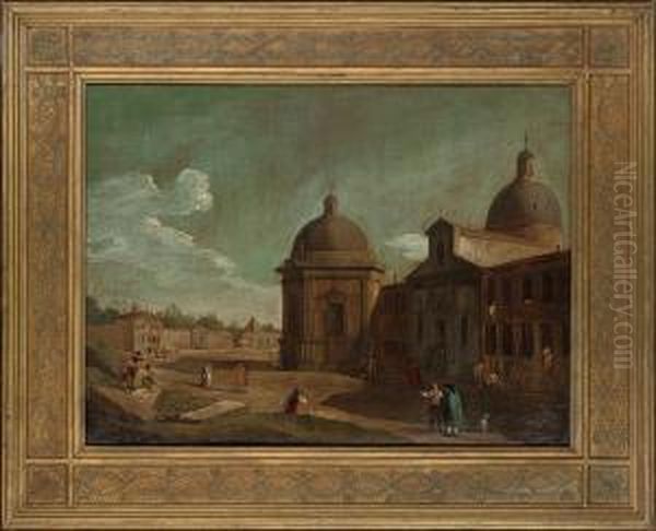 An Italian Baroque Town With Figures Conversing In A Square By A Church Oil Painting by Francesco Battaglioli