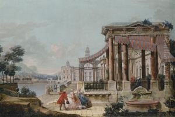 A Capriccio Of A Neoclassical 
Loggia On The Embankment Of A Canal,the Buildings Of A Town And A 
Mountainous Landscape Beyond Oil Painting by Francesco Battaglioli