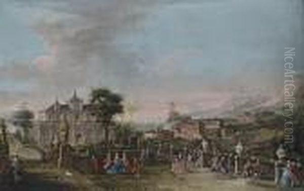 A Capriccio With The Garden Of A Seafront Palace, A Mountainouscoastal Landscape Beyond Oil Painting by Francesco Battaglioli