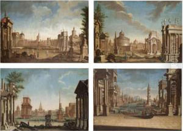 A Capriccio View Of A Mediterranean Harbour;
 A Capriccio View Of A Grassy Piazza With A Series Of Imaginary Temples, A Mother And Daughter In The Foreground;
 A Capriccio View Of A Piazza With A Curved Colonnade To The Right And A Six Columned Church T Oil Painting by Francesco Battaglioli