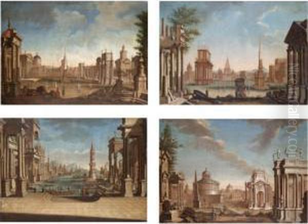 A Capriccio View Of A 
Mediterranean Harbour; A Capriccio View Of A Grassy Piazza With A Series
 Of Imaginary Temples, A Mother And Daughter In The Foreground; A 
Capriccio View Of A Piazza With A Curved Colonnade To The Right And A 
Six Columned Chur Oil Painting by Francesco Battaglioli