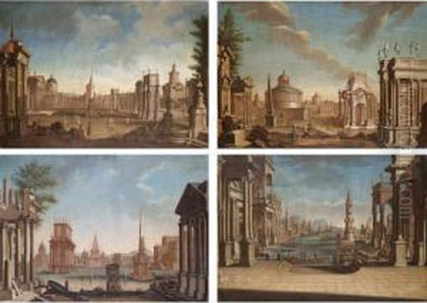 A Capriccio View Of A 
Mediterranean Harbour;a Capriccio View Of A Grassy Piazza With A Series 
Of Imaginary Temples, A Mother And Daughter In The Foreground;a 
Capriccio View Of A Piazza With A Curved Colonnade To The Right And A 
Six Columned Church Oil Painting by Francesco Battaglioli