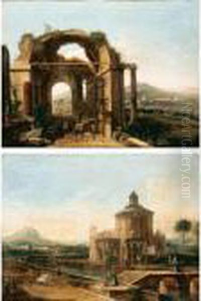 Veduta Del Brenta Con Rovine Architettoniche E Figure; Capriccio Con Basilica E Figure Oil Painting by Francesco Battaglioli