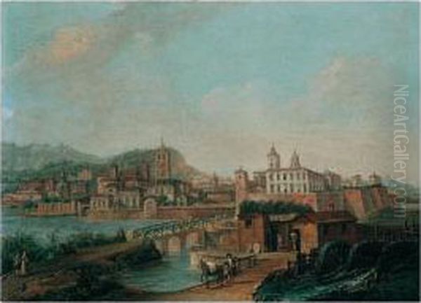 A View Of A Spanish Town By A River With Figures Crossing A Bridge By A Watermill Oil Painting by Francesco Battaglioli