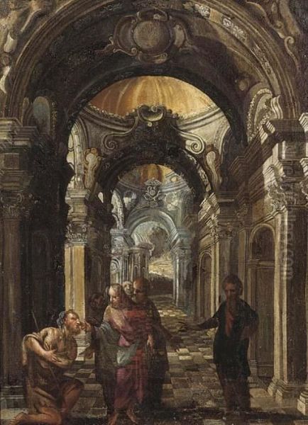 Christ Healing The Blind Man Oil Painting by Francesco Battaglioli