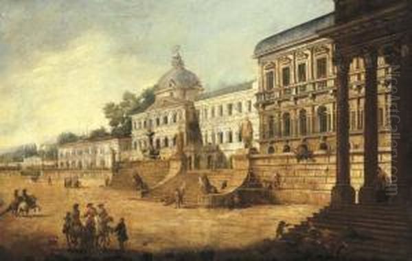 An Architectural Capriccio Of Classical Buildings With Horsemen Andother Figures Oil Painting by Francesco Battaglioli