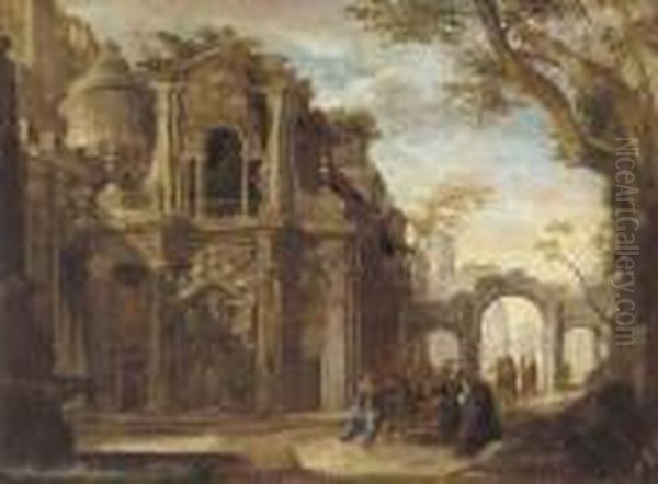 An Architectural Capriccio With Christ Healing The Sick Oil Painting by Francesco Battaglioli