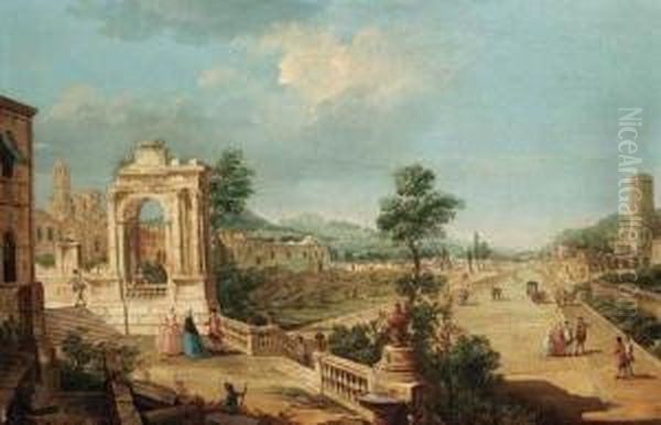 A Capriccio View Of A Town With Elegant Figures On A Terrace By A Ruined Archway Oil Painting by Francesco Battaglioli