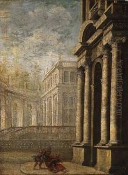 An Architectural Capriccio With Soldiers Before A Portico Oil Painting by Francesco Battaglioli