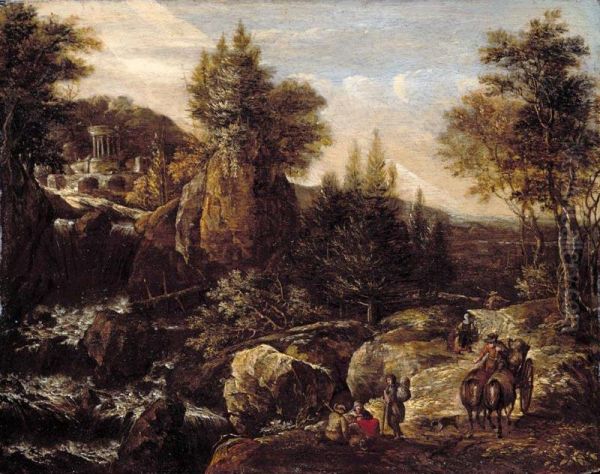 A Rocky River Landscape With Travellers, A Classical Temple Beyond Oil Painting by Gerrit Van Battem