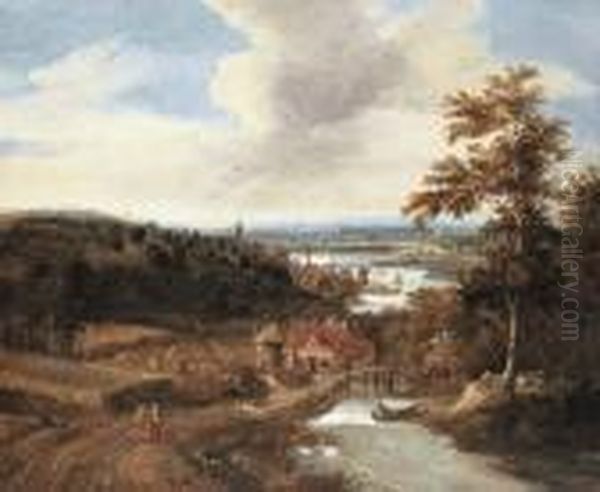 A Wooded River Landscape With Harvesters And Travellers On Abridge, A Town Beyond Oil Painting by Gerrit Van Battem