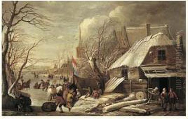 Patineurs Et Personnages Dans Un Paysage De Riviere Gelee Oil Painting by Gerrit Van Battem